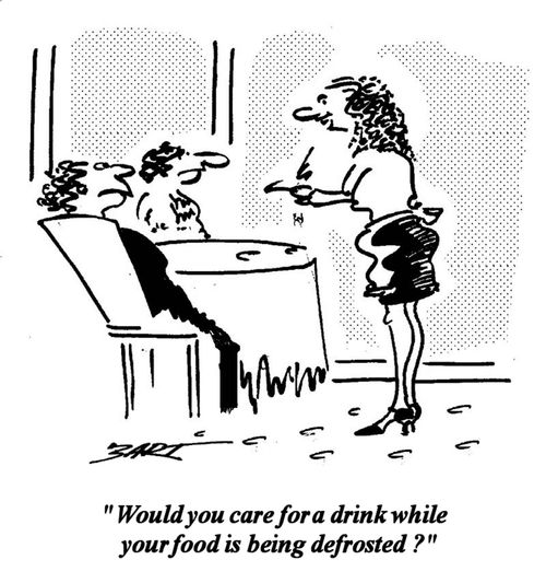 'Would you care for a drink while your food is being defrosted?'