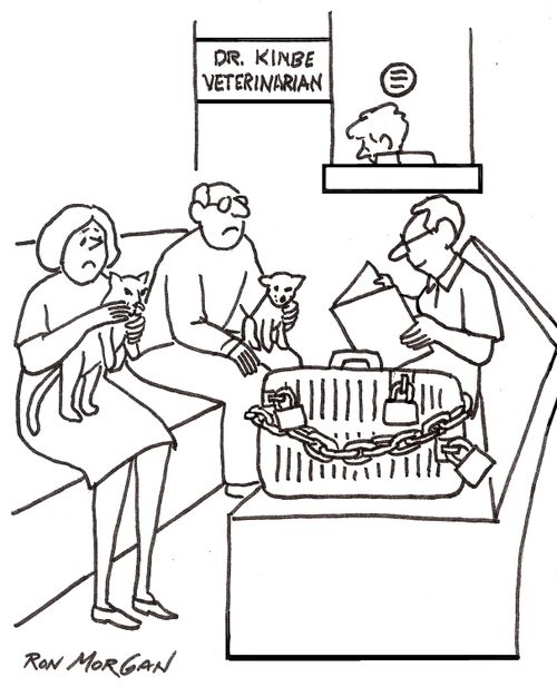 A pet cage wrapped in chains make the other customers in the waiting room nervous,