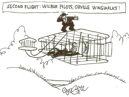 Second flight: Wilbur pilots, Orville wing walks.