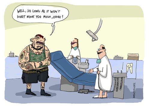Big man scared at the dentist's.