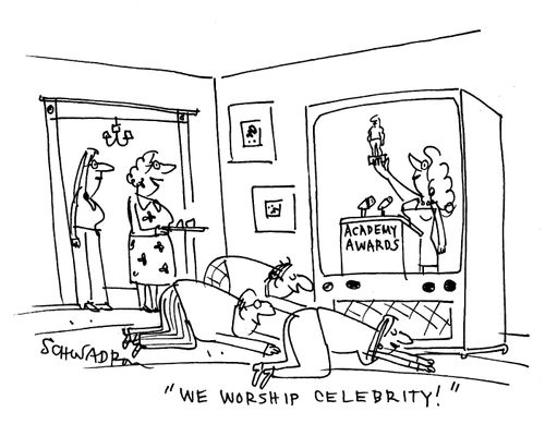 'We worship celebrity!' People bow down in front of a TV showing the academy awards.