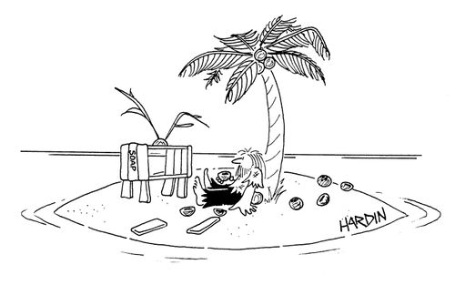 Man on desert island watching TV made out of palm trees. 
