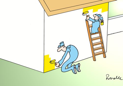 'Two painters, one tall, one short, painting a wall.'