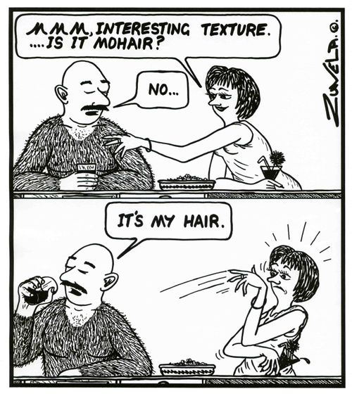 Woman - 'Mmm, Interesting texture.....Is it Mohair?' Man - 'No...It's my hair.'