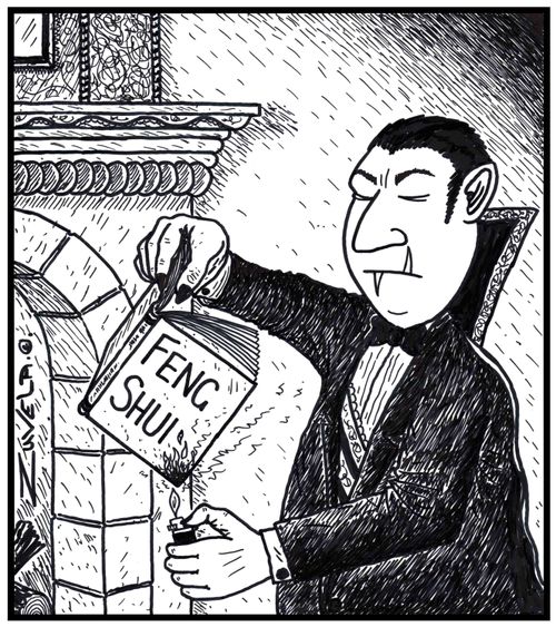 Dracula starting to burn a Feng Shui book. His left tooth is sticking up the wrong way