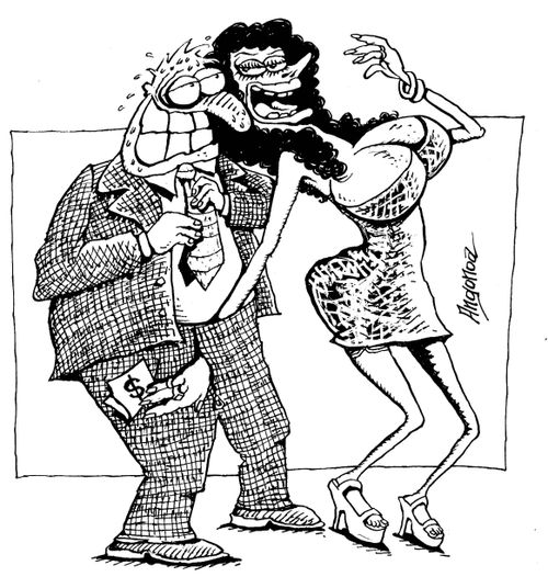 Flirting woman taking money from a man's pocket.