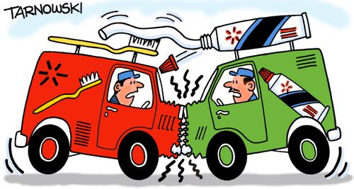 Toothbrush van crashing into a toothpaste van.