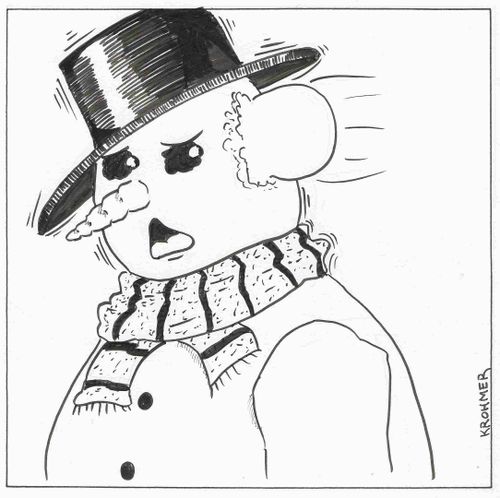 A snowman is hit with a snowball.