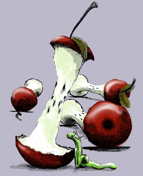 A worm sits in comfort as he has just eaten 4 apples by himself...