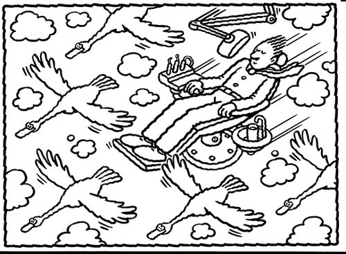 Man on a flying machine amongst a flock of birds.
