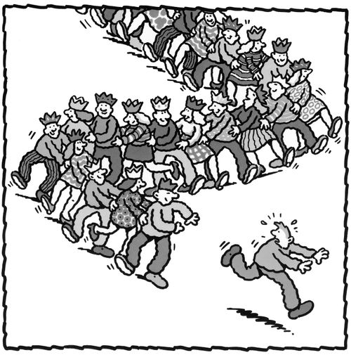 Conga train chasing a man at a party.