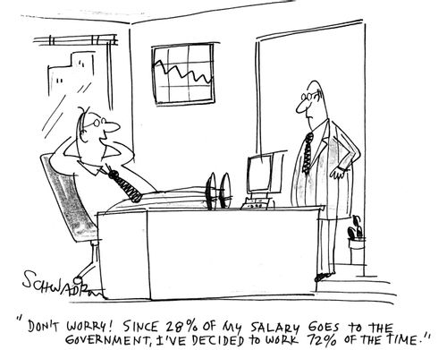 'Don't worry! Since 28% of my salary goes to the government, I've decided to work 72% of the time.'