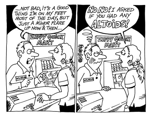 Shop worker thinks lady asks him if he has hemorrhoids when she asks for Altoids (mints). 