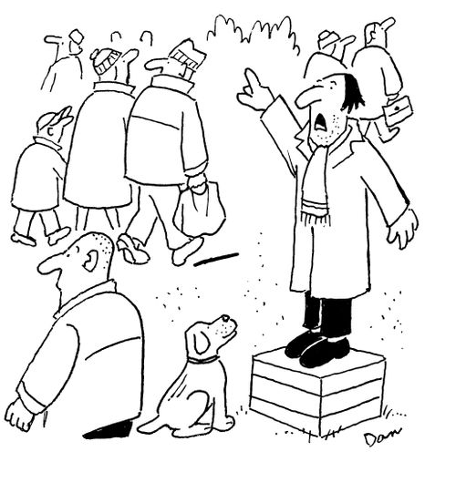 Man giving a talk but only a dog is listening.