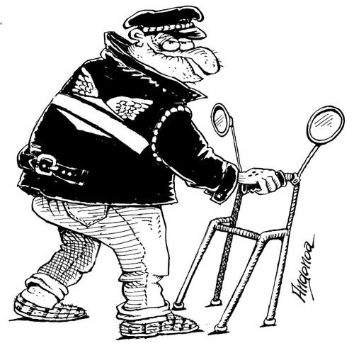 Old biker with a zimmer frame.