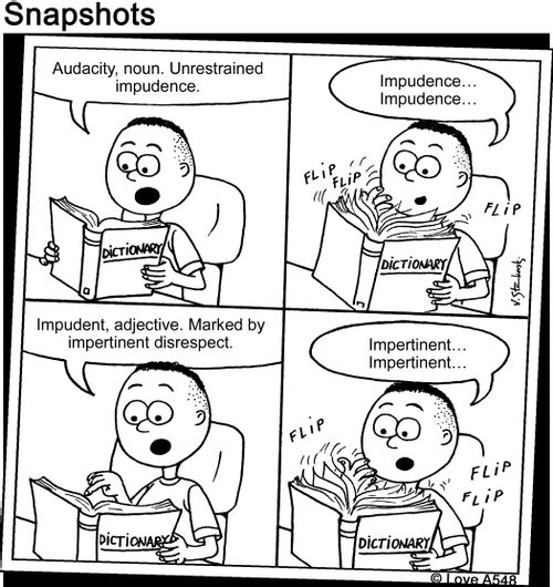 "Audacity, noun. Unrestrained impudence. Impudence... Impudence... Impudent, adjective. Marked by impertinent disrespect. Impertinent... Impertinent..."