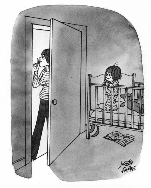 Mum outside the baby's room saying 'shush' - but the baby is wide awake.