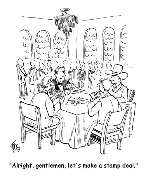 'Alright, gentlemen, let's make a stamp deal.'