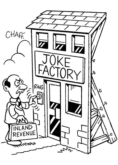 A Man from Inland Revenue Attempts to enter the cardboard Cutout of a Joke Factory. 