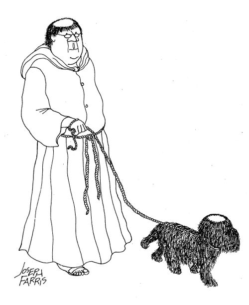 Monk walking dog.