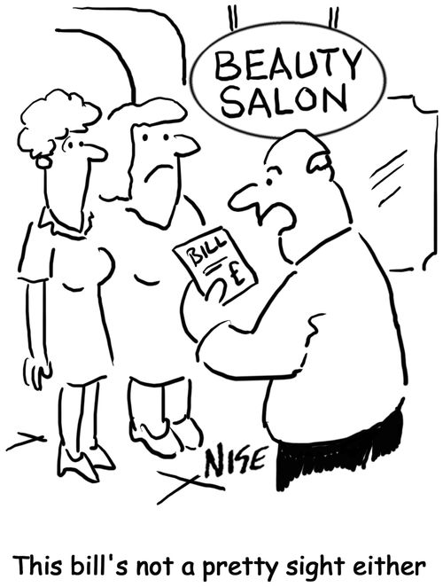 Beauty Salon. Man says: 'This bill's not a pretty sight either.'