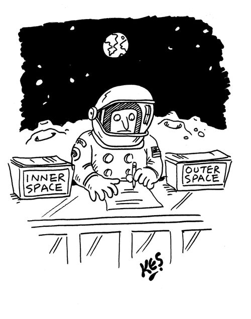 Astronaut at office desk on the moon, with in/out boxes; inner space/outer space.
