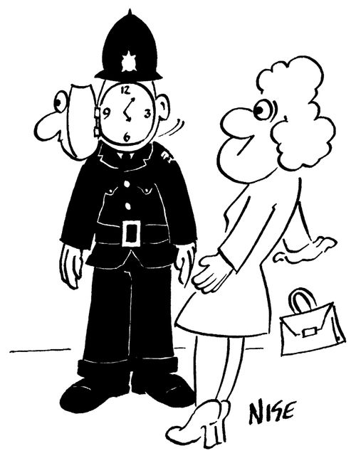 Policeman's face reveals clock.