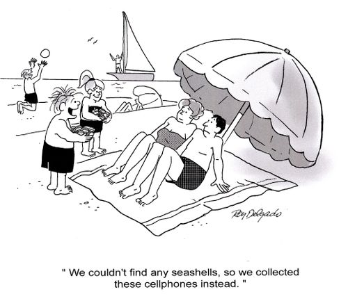 'We couldn't find any seashells, so we collected these cellphones instead.'
