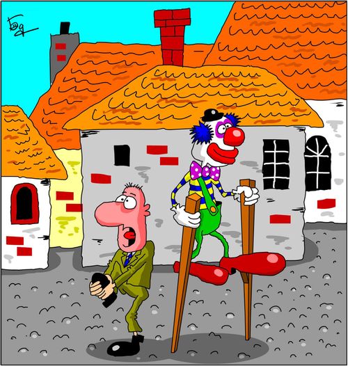 A clown steps on a man's foot with a stilt.
