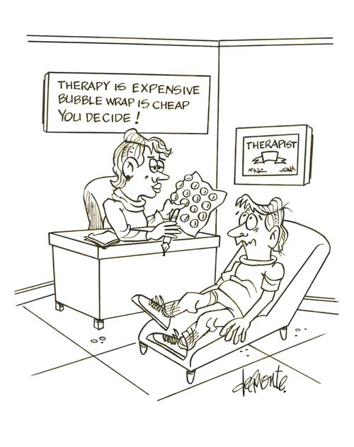 Man in therapist office sees a sign: Therapy Is Expensive Bubble Wrap Is Cheap You Decide