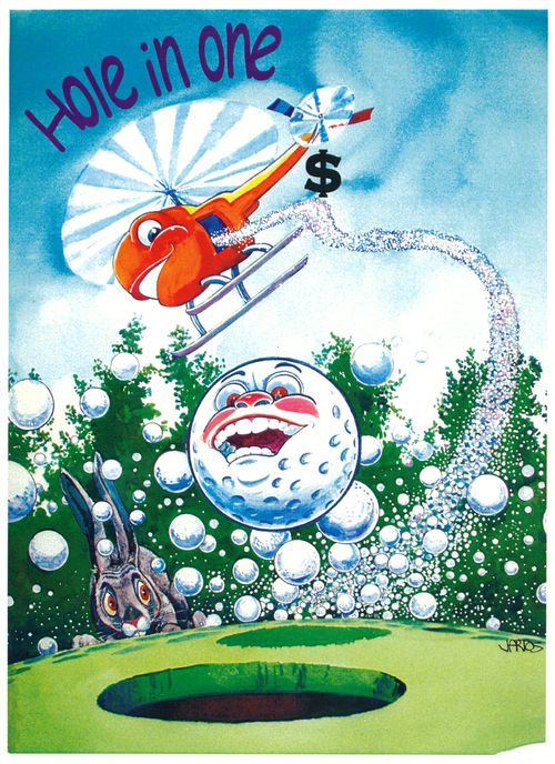 Helicopter dropping golf balls onto a green.