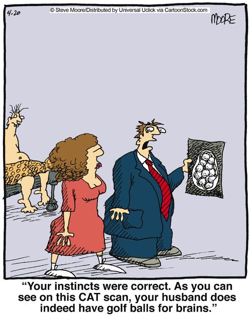 'Your instincts were correct. As you can see on this CAT scan, your husband does indeed have golf balls for brains.'