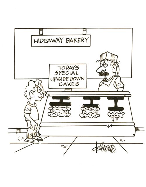 Kid goes to Hideaway Bakery and sees a sign for a sale on upside down cakes. Cakes are upside down.