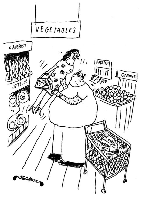 Fat man picking up women in supermarket