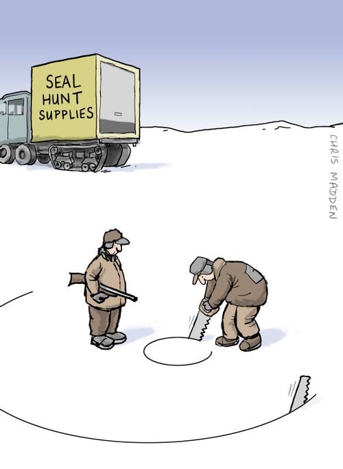 Seal hunters cutting a hole in the ice, while a seal cuts a hole around the hunters.