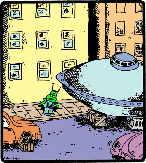 Alien has his flying saucer tires stolen on the bad side of town.