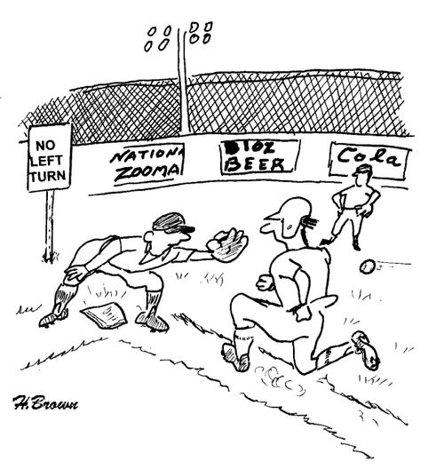 Baseball pitch with a sign saying 'No Left Turn.'