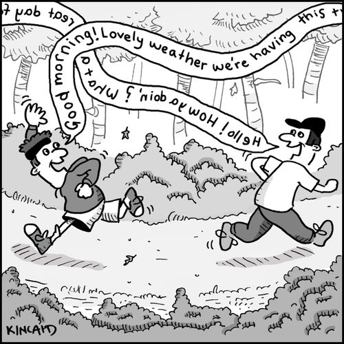 Two men jogging past one another trying to get as many words in as possible.