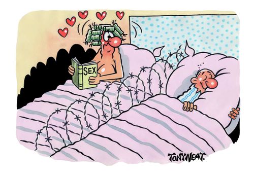 Love struck wife looks over the barbed wife set up by her husband who is determined to enjoy a good nights sleep.  