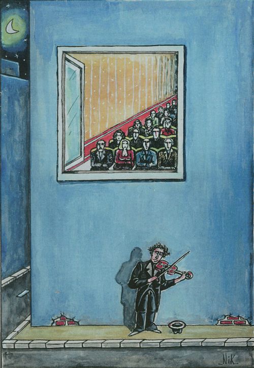 Street violinists unknowingly plays a concert.