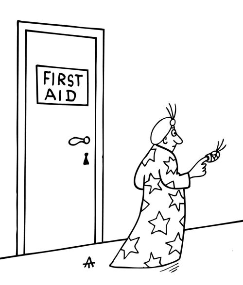 First aid: A wizard has a bandage on his finger with turban on it.