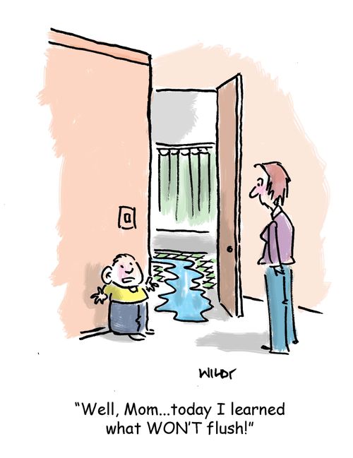 'Well, Mom...today I learned what WON'T flush!'