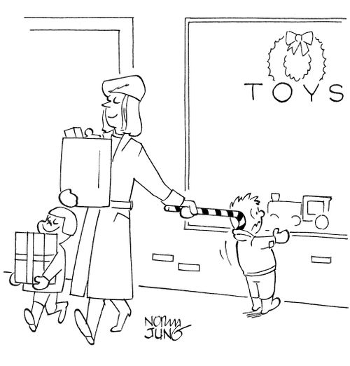 Mother using candy cane to pull son away from toy window.