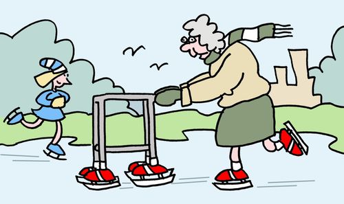 Old Lady Skating With Zimmer Frame.