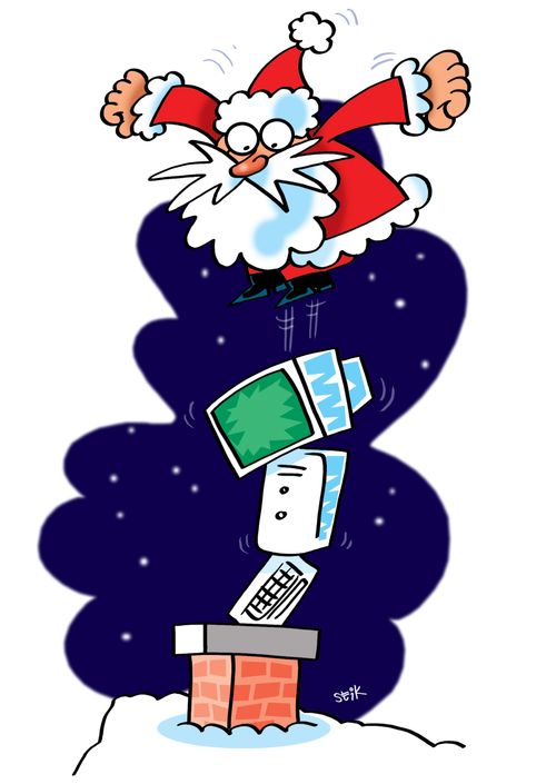 Father Christmas delivering a PC.