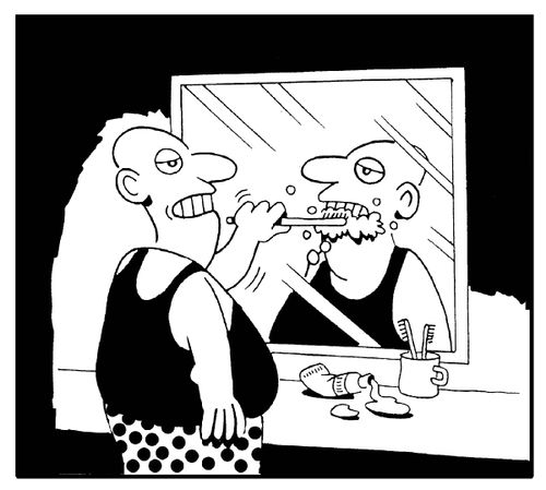 Man brushing the teeth of his reflection.