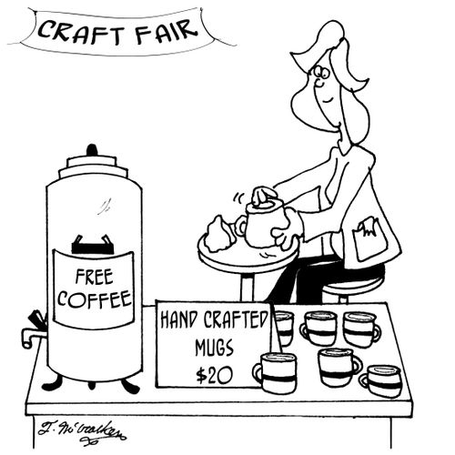 'Free Coffee' and 'Hand Crafted Mugs, $15.'