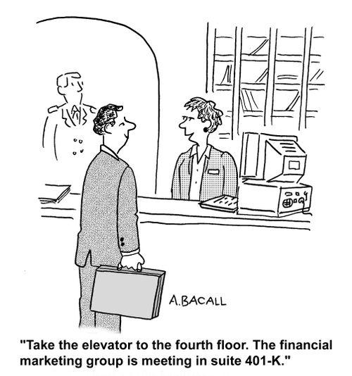 Take the elevator to the fourth floor. The financial marketing group is meeting in suit 401k.