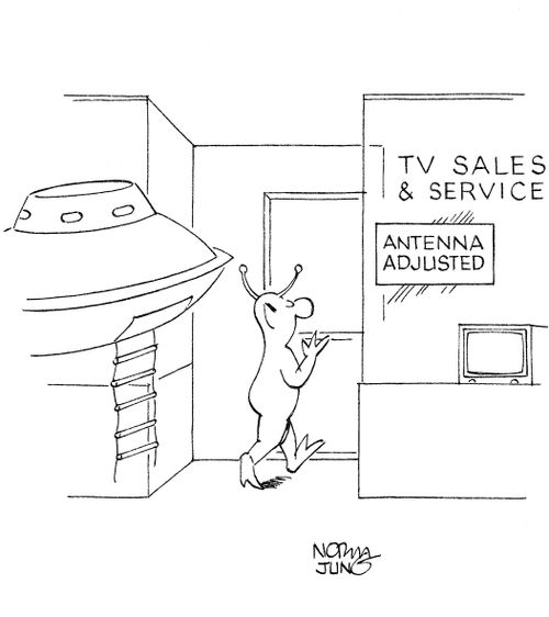 Space alien enters TV store to have his antennas adjusted.