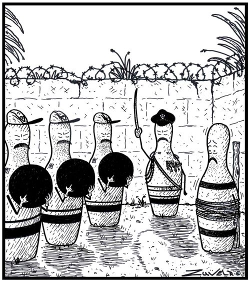 A Tenpin Bowling Pin about to be executed by Bowling balls